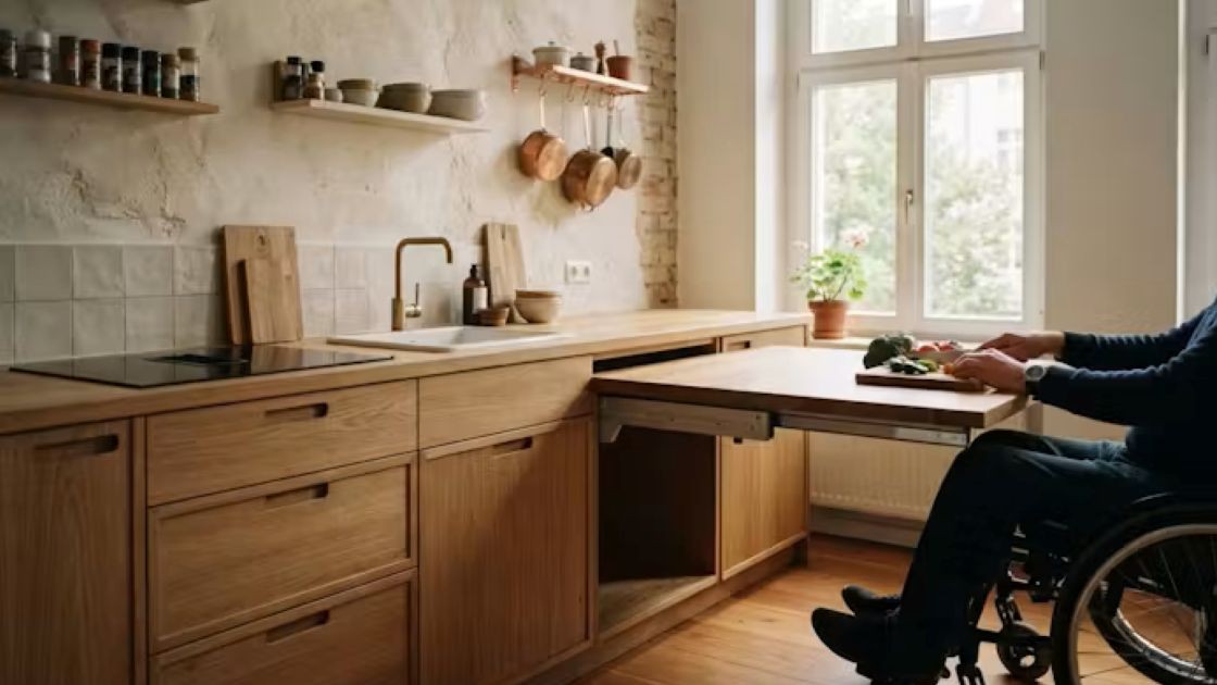 Barrierefreie Maßküche mit unterfahrbarer Arbeitsplatte, Holzstolz Nürnberg